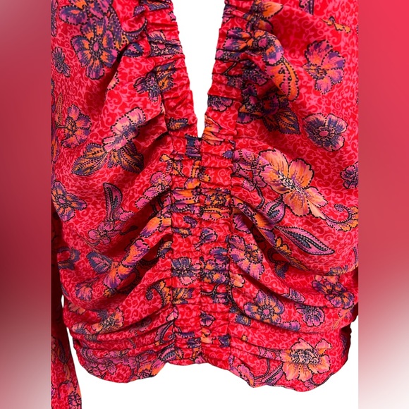 Free People Boho Floral Deep V Neck Long Sleeve Blouse Size Small - Picture 3 of 7
